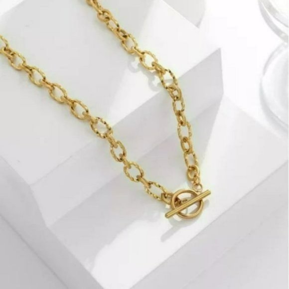 18k Gold Plated Stainless Steel Chunky Chain Choker Necklace Toggle Clasp 17in - Picture 1 of 5